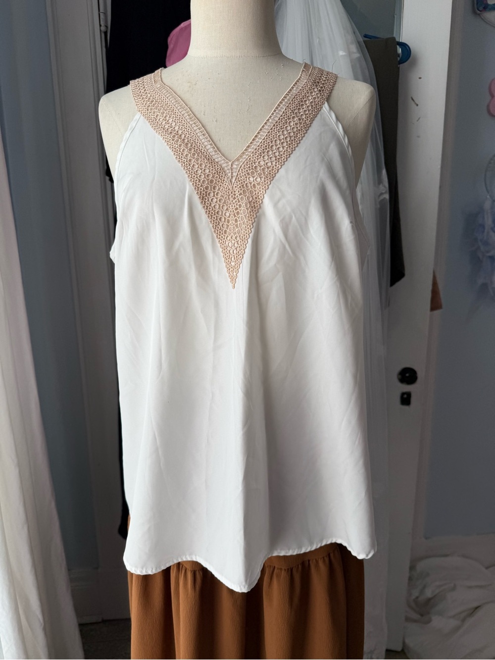 White V-Neck Tank Top with Blush Crochet Trim